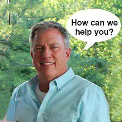 A man in a blue shirt with a speech bubble that says how can we help you.