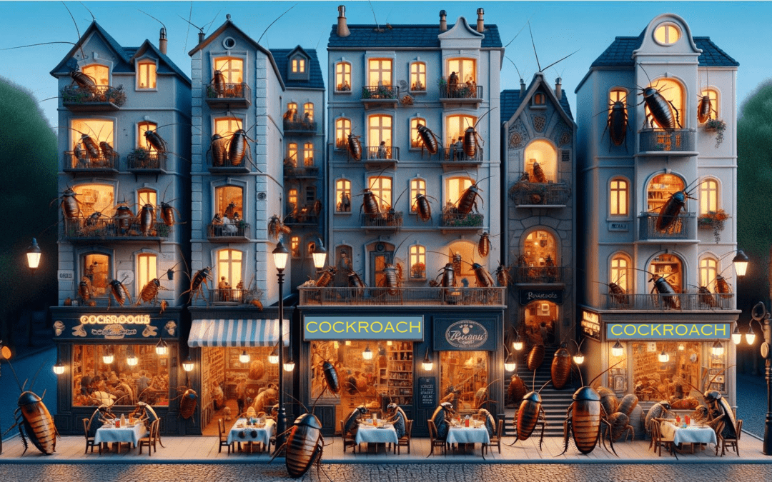 Cockroach-infested Parisian buildings at night.