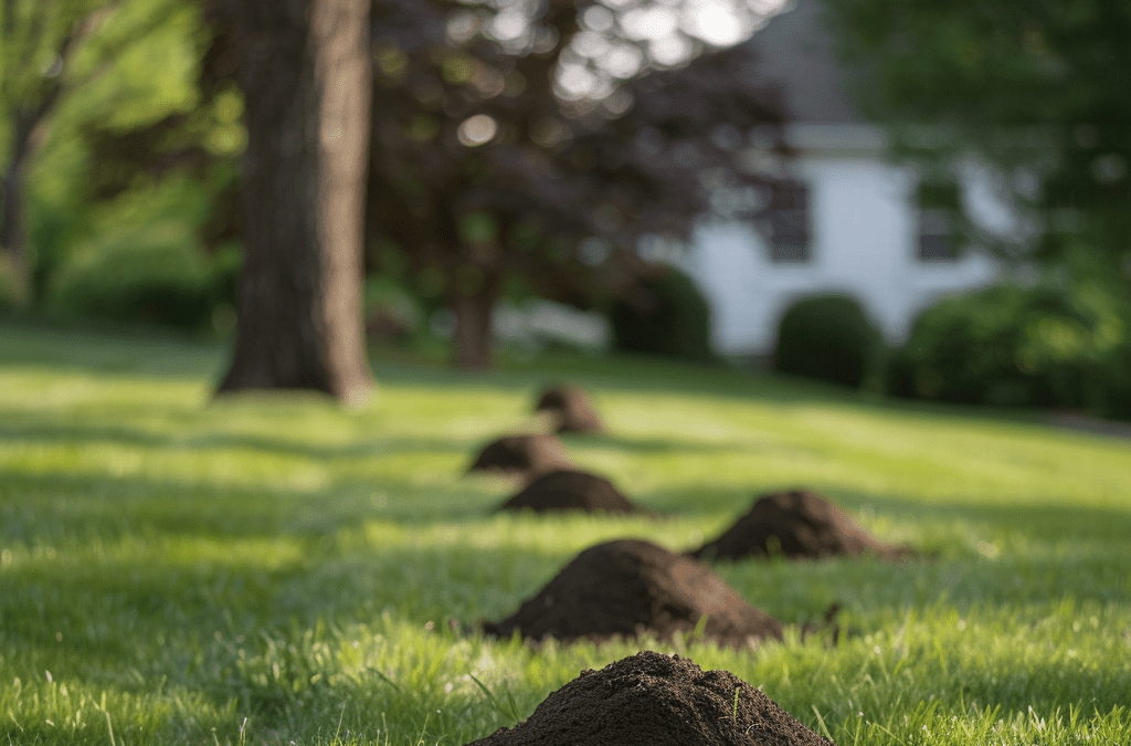 Ant hills in a green grassy lawn.