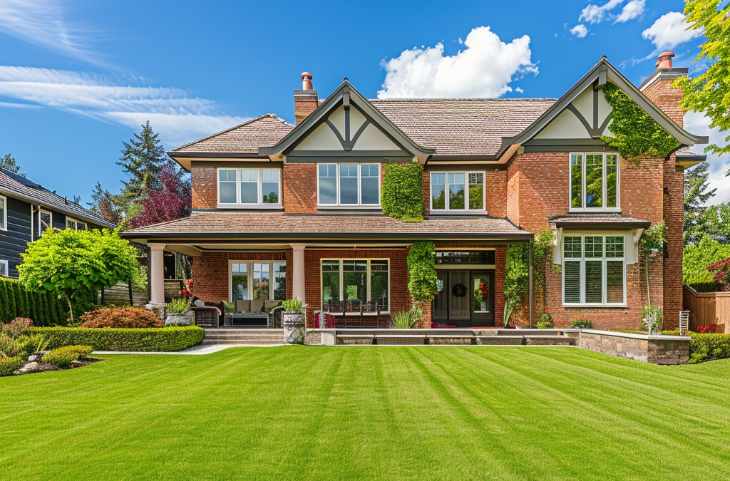 Brick house with green lawn and blue sky.