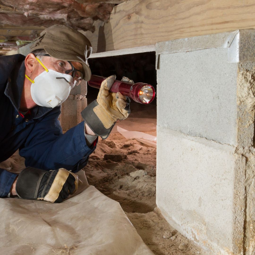 Pest control expert inspecting a St. Louis home's foundation for termites.