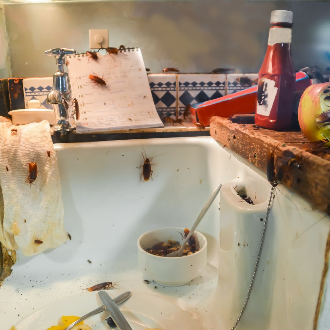 Kitchen sink infested with cockroaches.