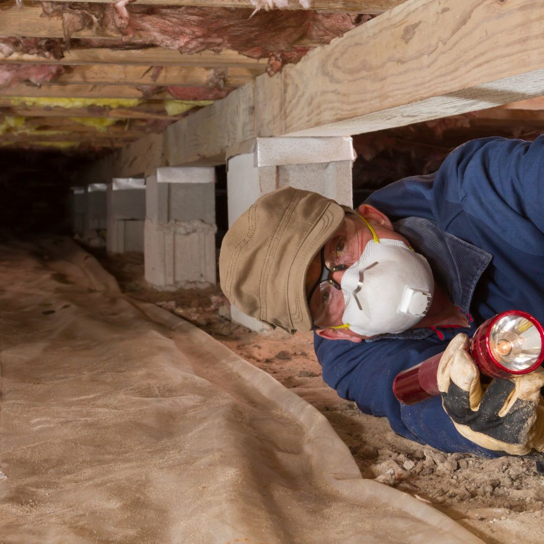 Pest control specialist performing a termite inspection in a crawl space.