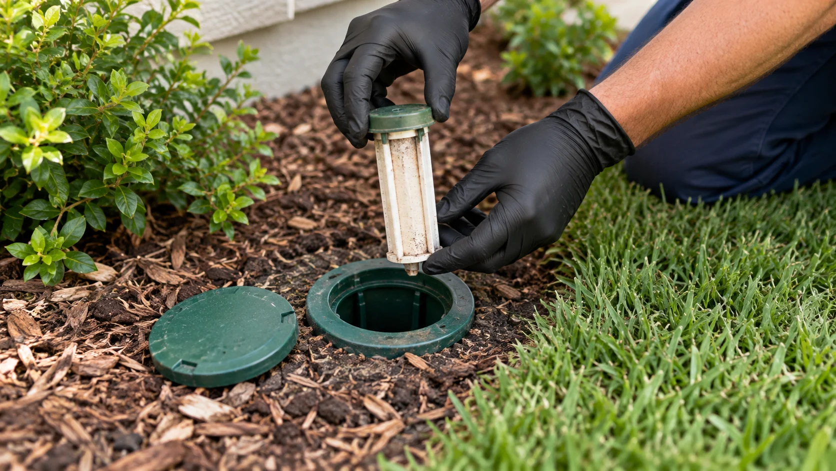 Technician inspecting an in-ground termite bait station