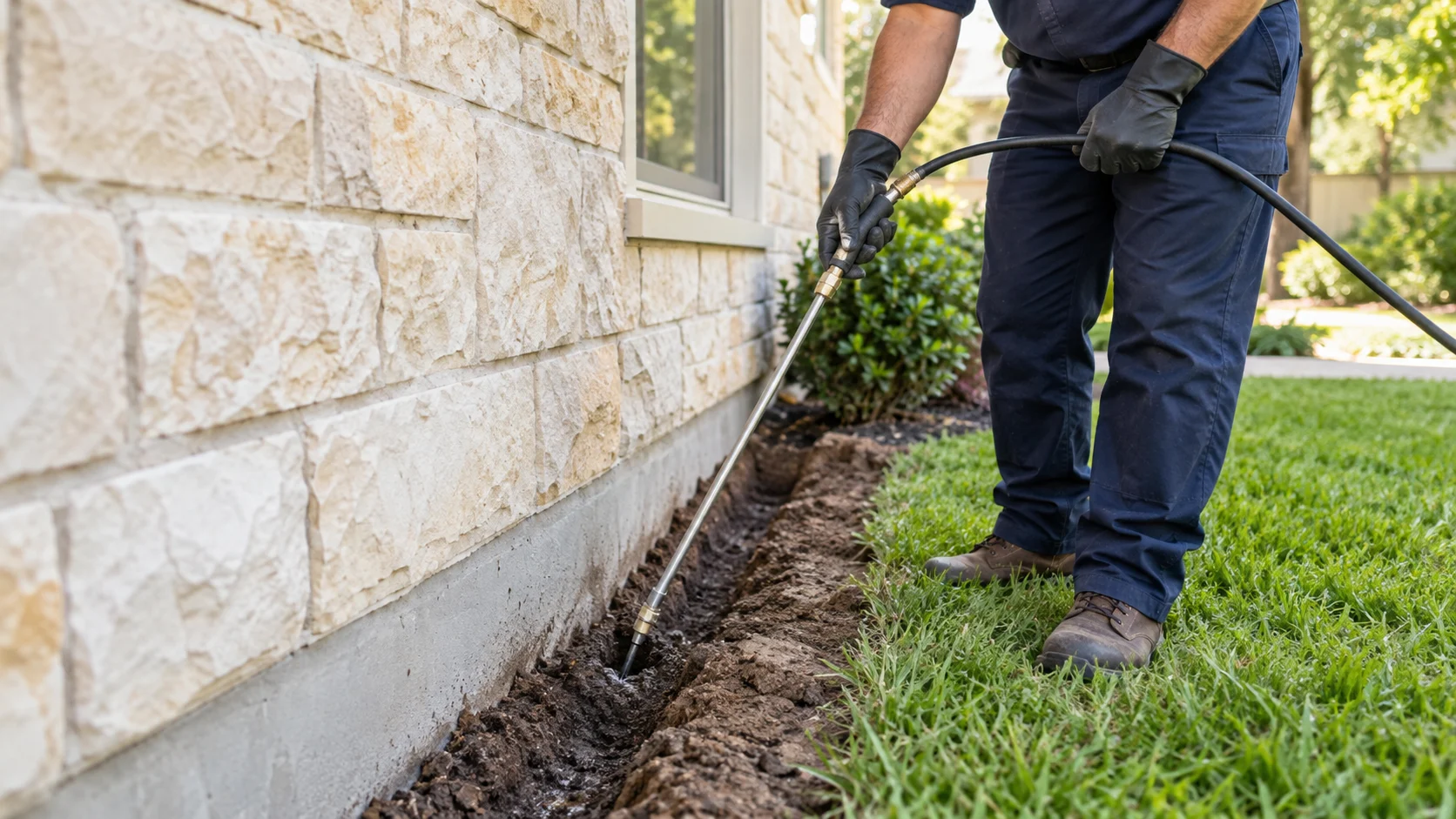 Liquid termite treatment applied to soil beside a home foundation