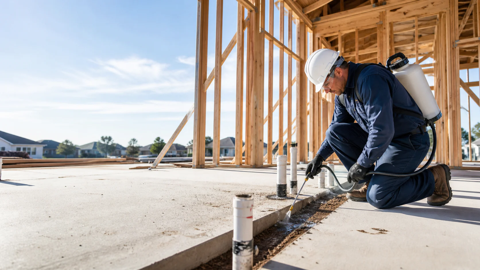 Technician applying termite pre-treatment at a building under construction
